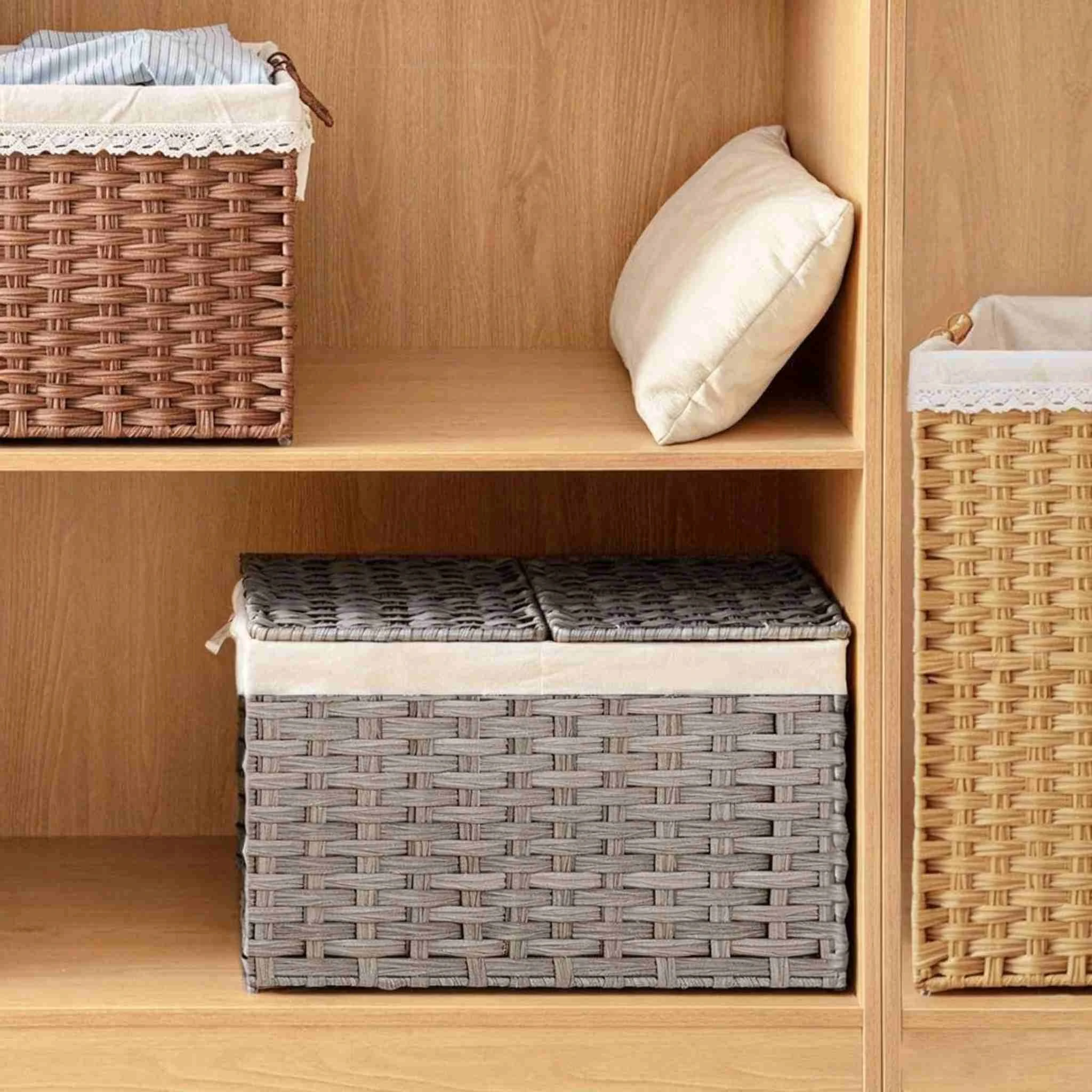 Rattan-Style Lidded Storage Bin with Liner