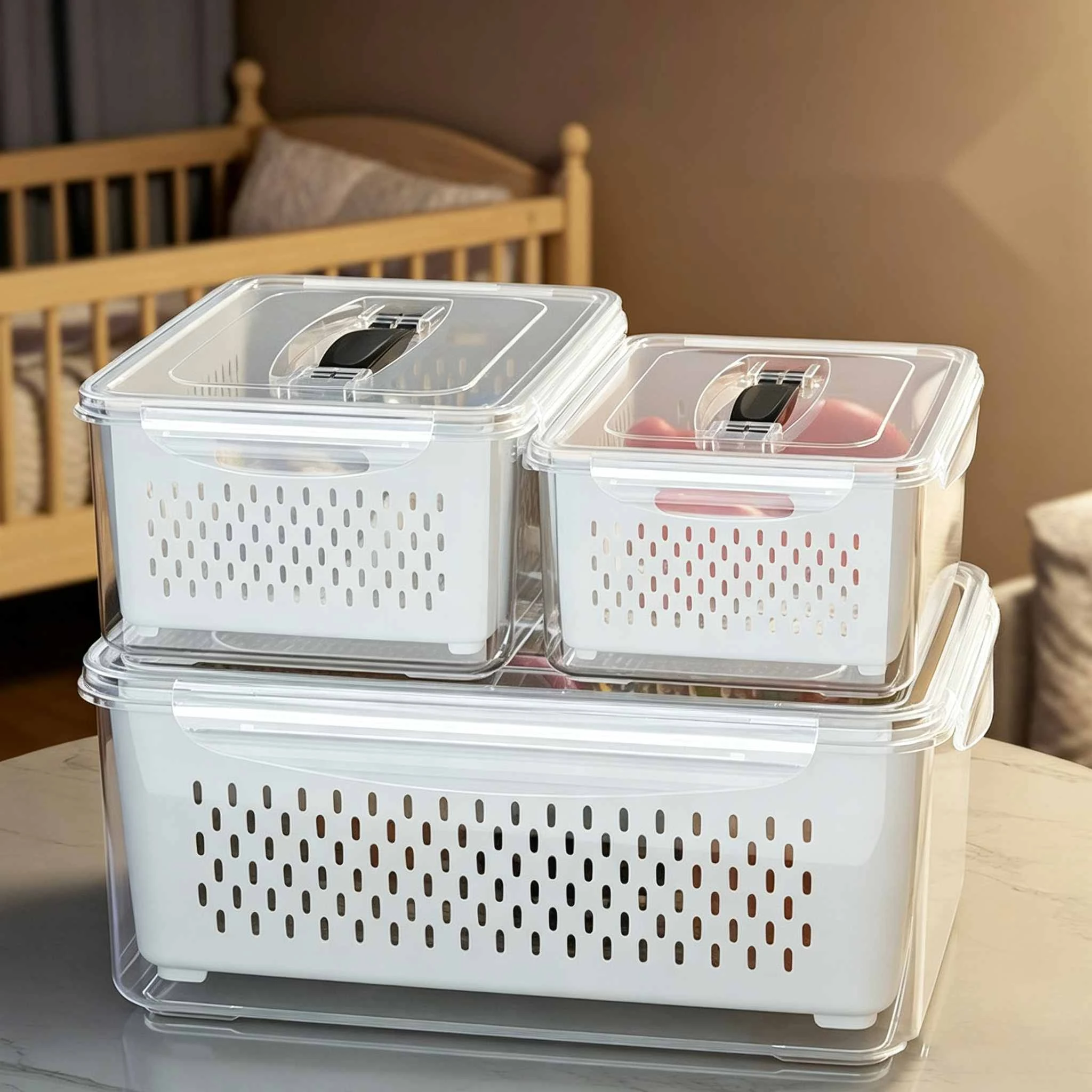 Plastic Storage Box with Drain Basket & Handle