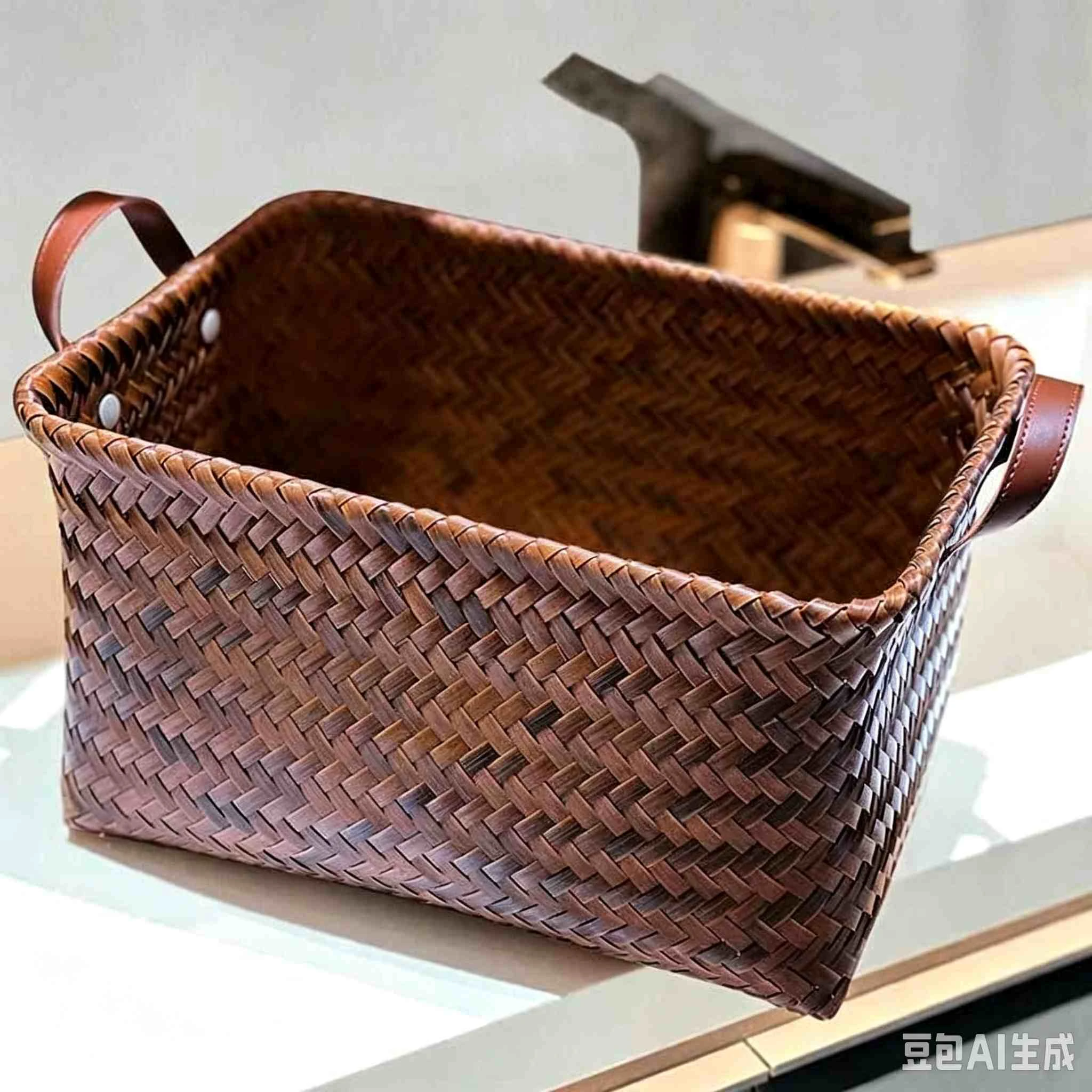 Vintage Faux Rattan Storage Basket with Leather Handles