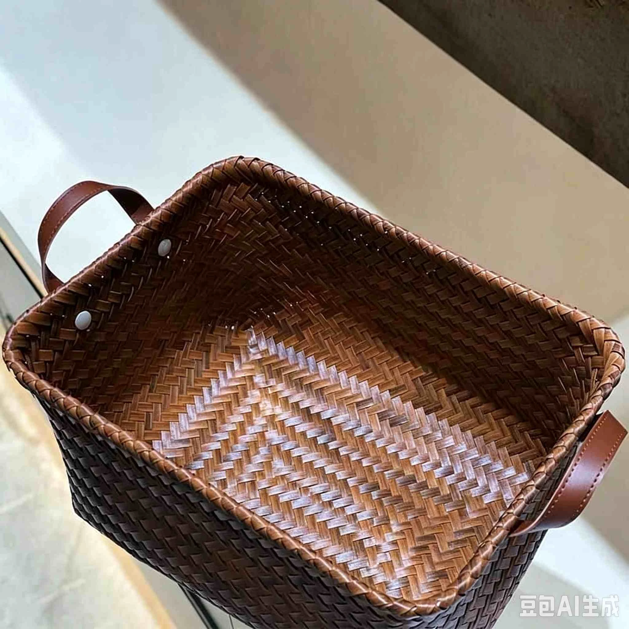 Vintage Faux Rattan Storage Basket with Leather Handles
