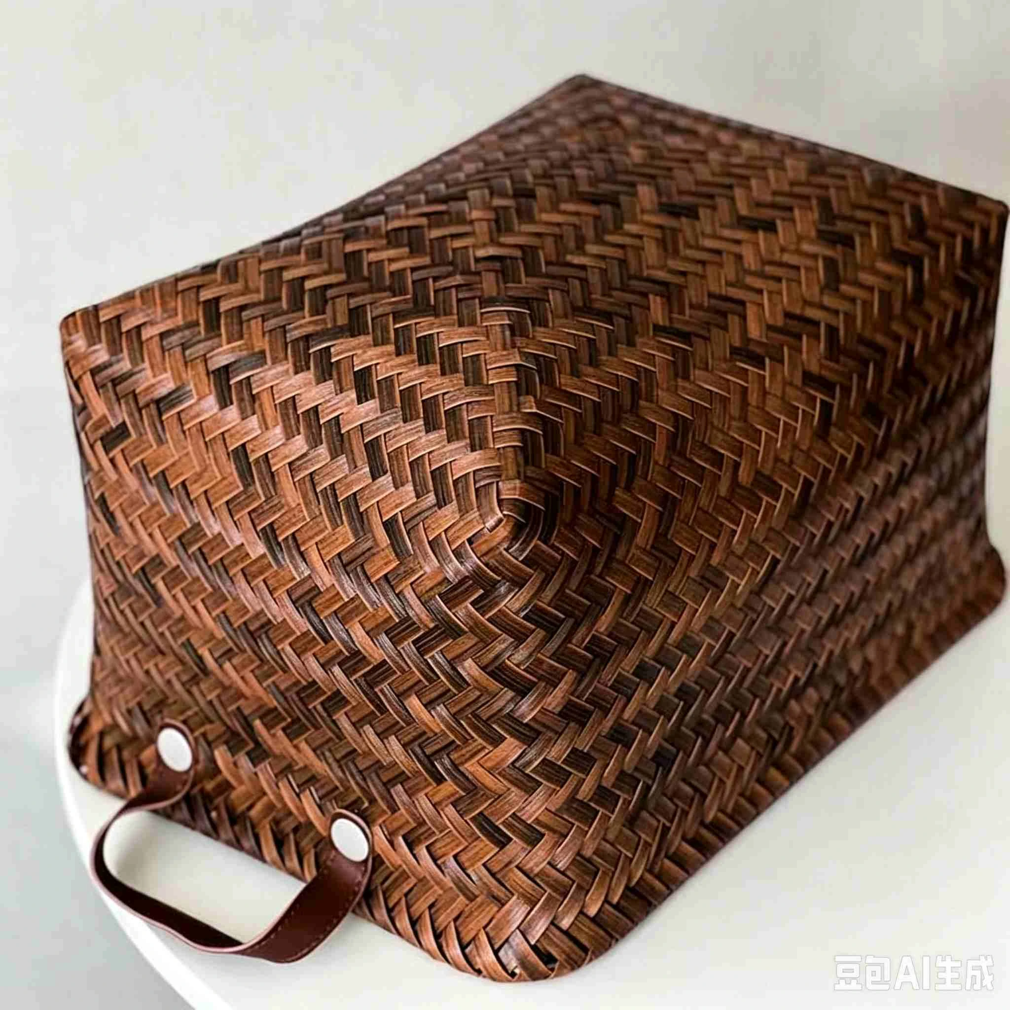 Vintage Faux Rattan Storage Basket with Leather Handles