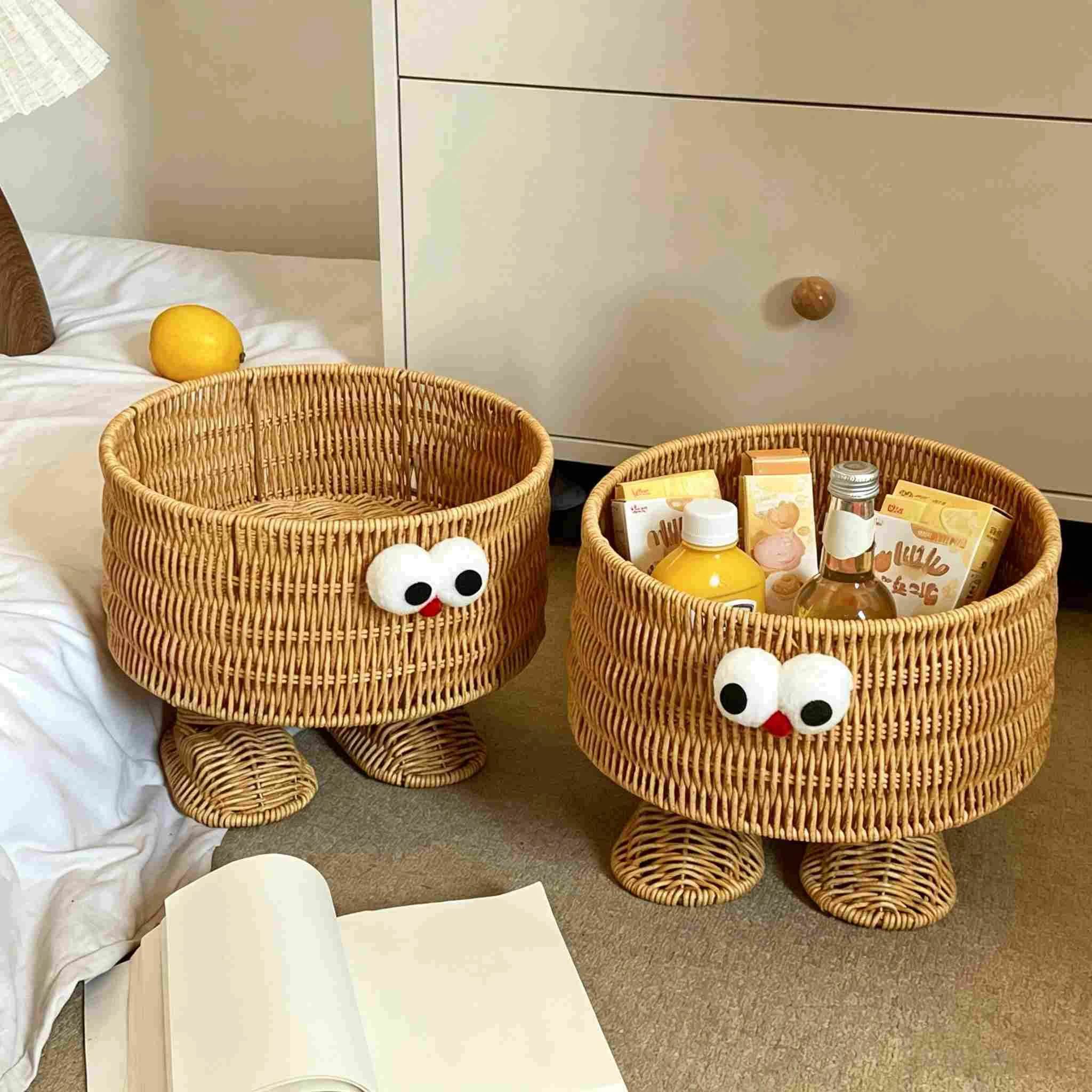 Cute Cartoon Round Rattan-look Storage Basket with Feet