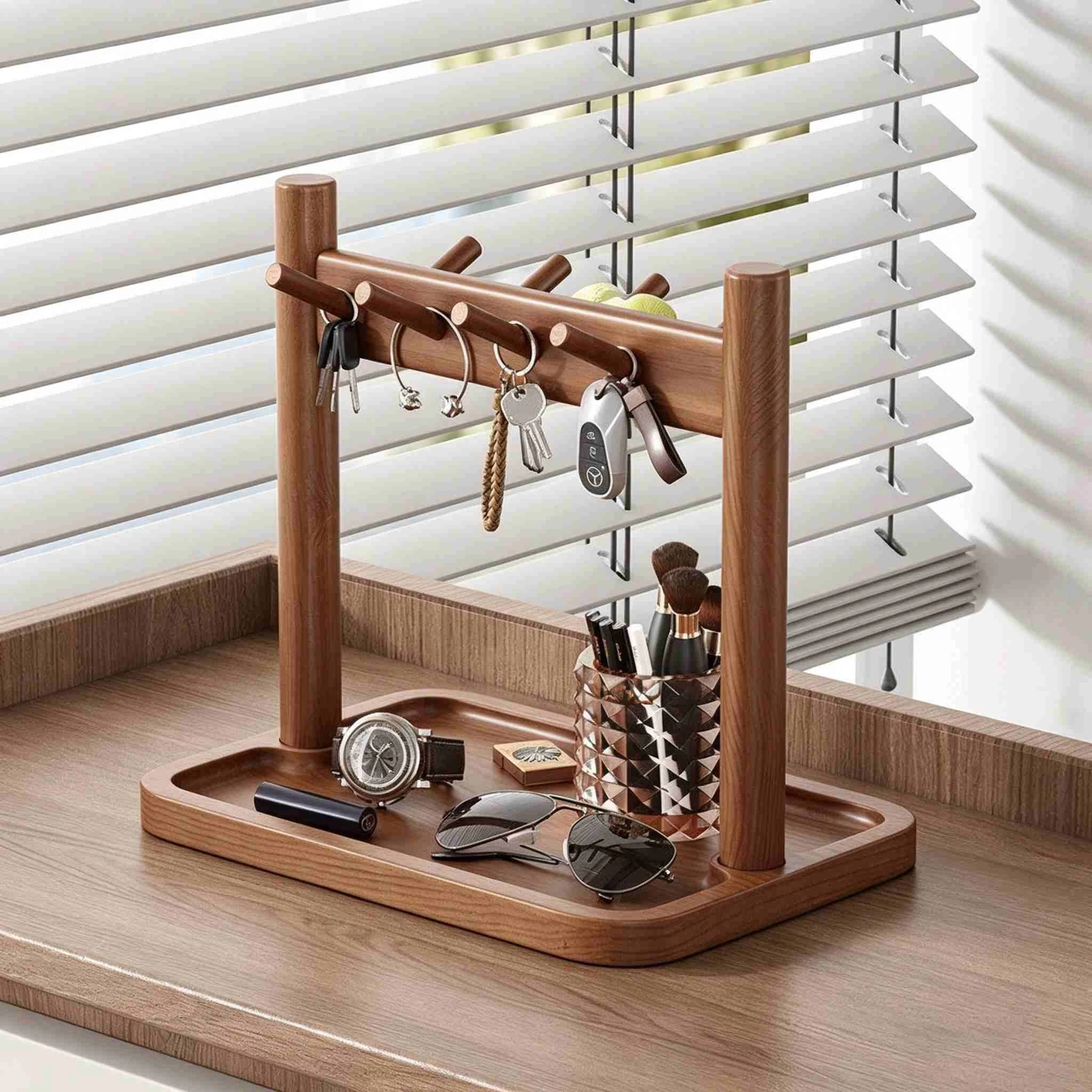 Solid Wood Tree-shaped Jewelry & Key Holder with Tray
