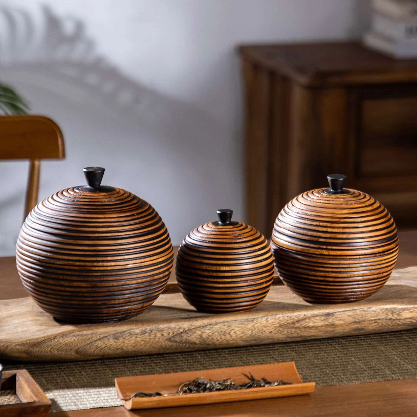 Striped Solid Wood Airtight Storage Jar with Lid