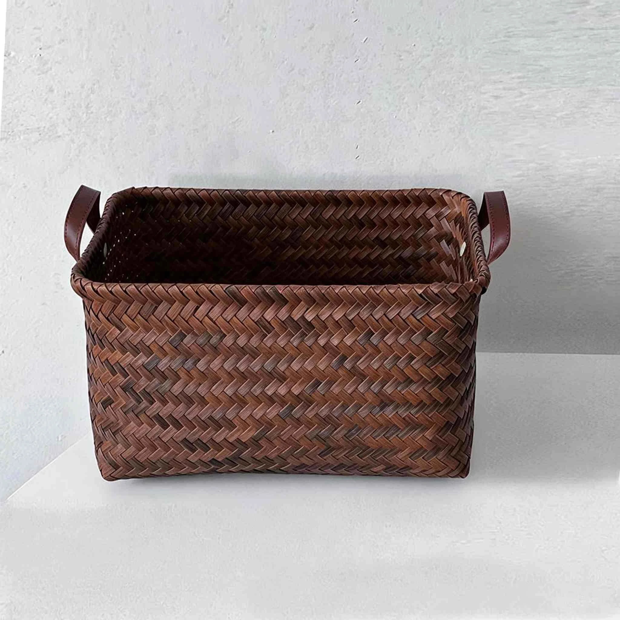Vintage Faux Rattan Storage Basket with Leather Handles