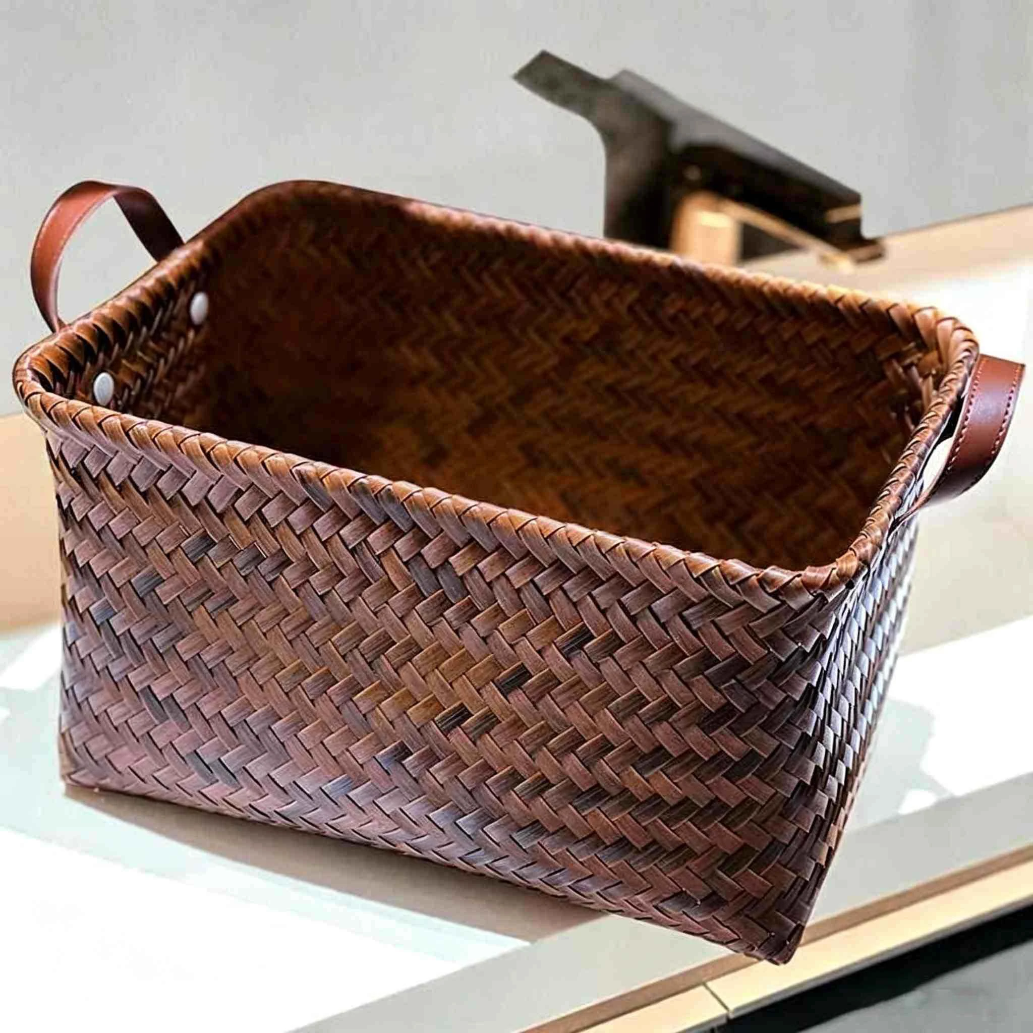 Vintage Faux Rattan Storage Basket with Leather Handles