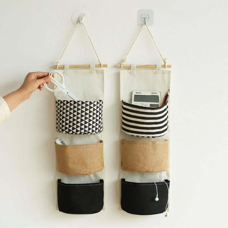 3-Tier Spliced Fabric Wall Hanging Storage Bag