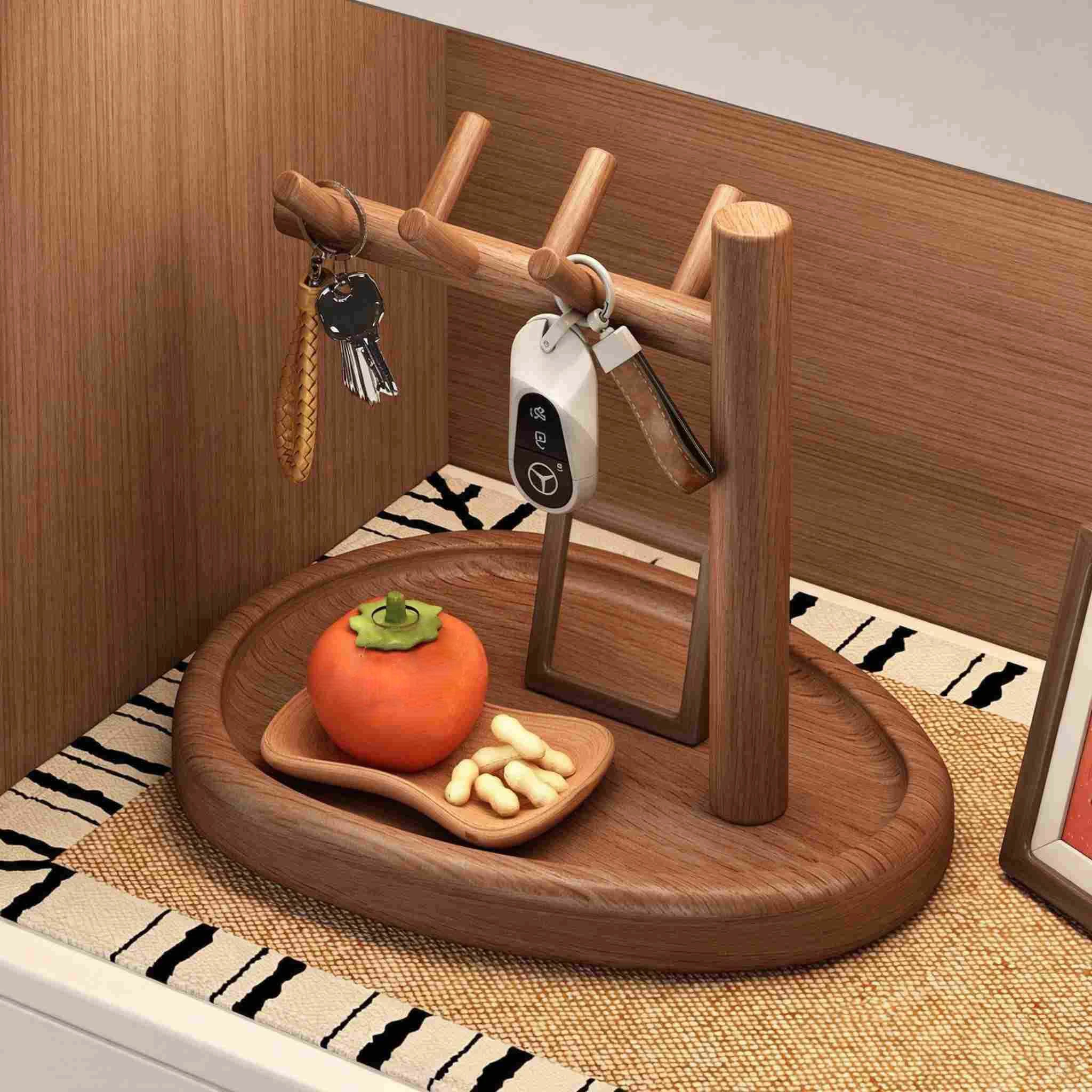 Solid Wood Tree-shaped Jewelry & Key Holder with Tray